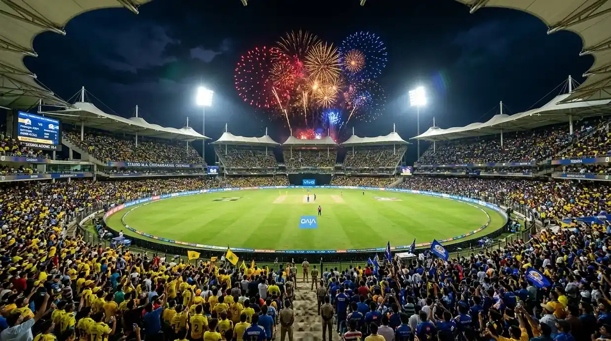 Stadio dell'IPL illuminato durante un match serale con tribune gremite