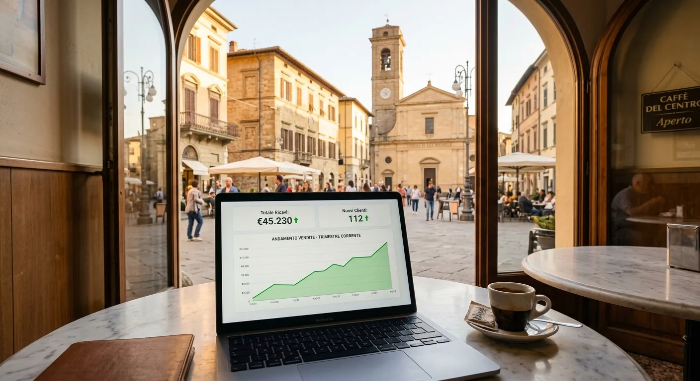 Panorama urbano italiano con sovrapposizione di dati digitali sul mercato scommesse