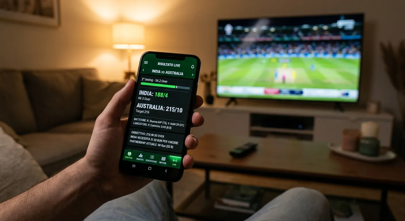 Scommesse live sul cricket visualizzate su smartphone durante un match serale